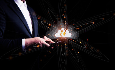 Business man touching smartphone with data information on cloud computing network. Cloud computing concept.
