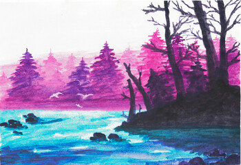 forest landscape with river and pink sky