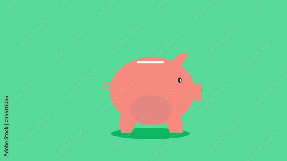 Poster bitcoin crypto currency coins falling into a pink piggy bank. animation with alpha matte