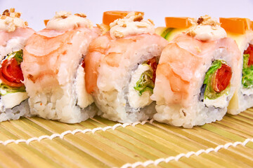 Set of Sushi rolls on bamboo mat