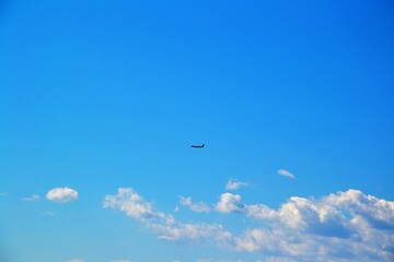 Flight of an aircraft with clouds in the sky
