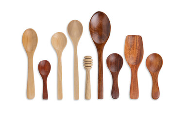 collection wood spoon on white background.