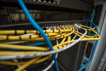 server where many internet cables. Worldwide data access. Telecommunications. Online. internet...