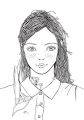 Girl and flowers in white medical face mask. Coloring book page. Novel coronavirus (2019-nCoV). Black and white Vector illustration.