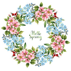 Rosehip flowers.Myosotis. Watercolor illustration, Hello Spring. leaves, buds,  flowers, berries, handmade, wreath, card for you