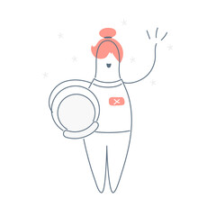 Girl astronaut holds a space helmet in his hands and waves her hand. Space traveler, colonist or scientist. Flat line cute vector illustration on white.