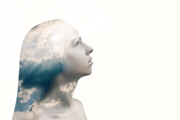 Double exposure portrait of young woman.