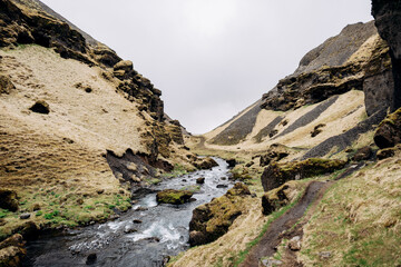 The road to the Kvernufoss waterfall in the south of Iceland, on the Golden Ring. Mountain river in a gorge with moss and yellow grass.