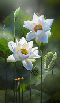 Fine art - Beautiful white lotus flower and lotus flower plants, pure white lotus flower, symbol of VietNam.