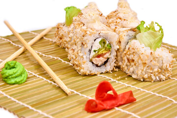 Set of Sushi rolls on bamboo mat