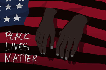black lives matter concept. hands of black people sifted out of the hole of black spaces of the America flag to convey the restriction of human rights of black people. campaign, poster, banner