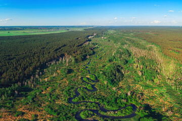 Aerial drone panoramic picture of winding river