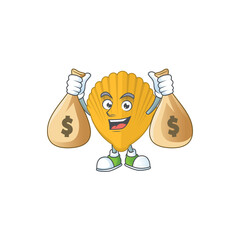 A humble rich yellow clamp caricature character design with money bags