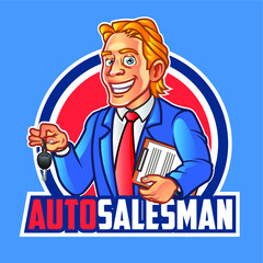 Greedy Auto Salesman Holding Car Key Mascot Logo