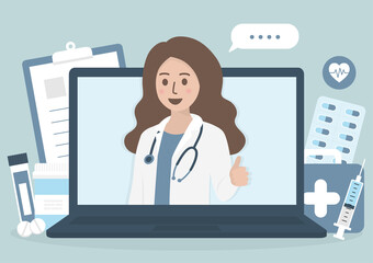 Computer screen of female doctor with stethoscope, health icons on background. Online doctor, medical consultation and healthcare concept. Flat vector illustration.