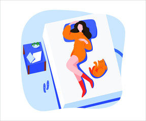 Girl is lying on the bed in her free time with her cat. Free time on weekends. Lazy girls in the bed