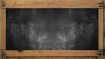 Blackboard template background - Empty blank old anthracite chalkboard texture with rustic wooden frame and space for text