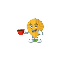 A mascot design character of yellow clamp drinking a cup of coffee