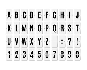 Airport flip board panel. Typography font display. Vector realistic terminal mechanical analog board.
