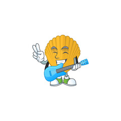 Yellow clamp cartoon character style plays music with a guitar