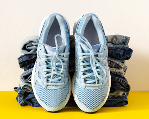 A stack of different jeans trousers and blue sneakers close up on yellow and white background, casual clothes , sports style