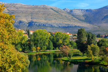 Obraz premium Trebinje city located in Bosnia and Herzegovina , spectacular scenery with lake surrounded by mountains , Goricko Jezero scenery in Balkans 