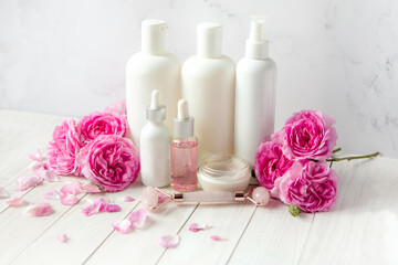 bath and spa with rose flowers .Spa beauty products for body and face home skin care