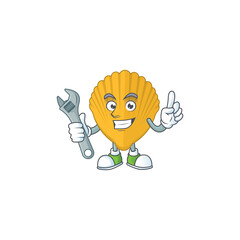 A smart mechanic yellow clamp cartoon mascot design fix a broken machine