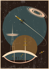 Retro Future Space Illustration, Mid Century Modern Art Style, Space Rockets, Galaxy, Stars, Vintage Colors, Grunge Texture Pattern