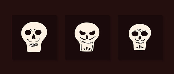 Dia de Los Muertos, traditional Mexican Halloween vector flat cartoon cards design.