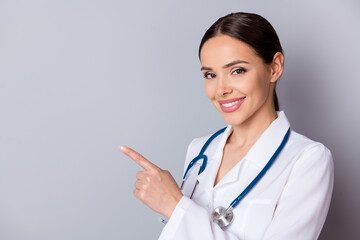 Closeup photo of young family doc experienced professional direct finger empty space remind...
