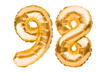 Number 98 ninety eight made of golden inflatable balloons isolated on white. Helium balloons, gold...