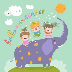 Naklejka premium Happy kids with big elephant meet summer