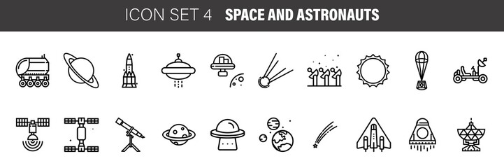 Spase Outline Black and White Icons Set. Vector illustration