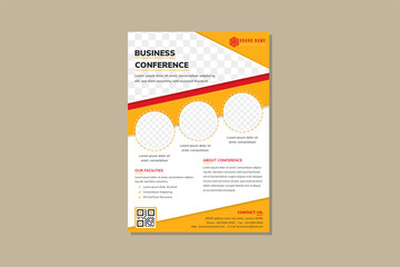 Corporate Conference flyer design template. Business Leadership Conference Flyer Design , Unique Design Shape. Triangle and circle shape of photo collage. The color are orange, red and white. 