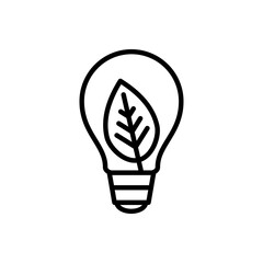 Símbolo de energía eléctrica natural. Icono plano lineal bombilla con hoja de planta en color negro © teracreonte