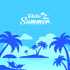 Sea Background with Lettering Hello Summer. Vector Illustration.