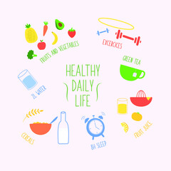 Daily Routines Fittness, Food Concept Healthy Life with symbols.