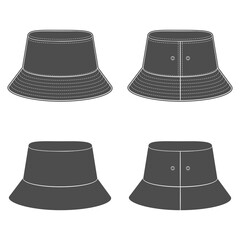 Set of black and white silhouettes with a panama hat. Isolated vector objects on a white background.