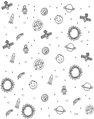 background black and white with space rocket planets and satellite