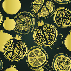 Pomegranates vector background Elegant seamless pattern with hand drawn decorative sliced pomegranates, design elements.