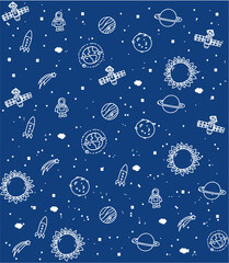 background with a pattern on a blue background cosmos rocket planets and satellite