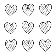 Hand drawn heart outline set. Rough grungy brush strokes scribble. Simple cute love and romantic icons. Abstract doodle heart shapes trendy minimal sketch.