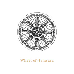 Samsara, Wheel of Life, vector illustration in engraving style. Vintage pastiche of esoteric and occult sign.