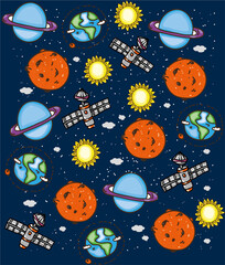 background with a pattern of space planets and satellite on a blue background with stars
