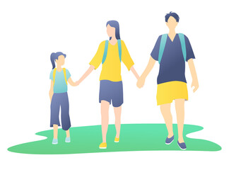Fototapeta premium Happy family in nature, mom dad and daughter camping. Parents with a child walk with a travel bag. 