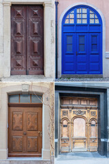 four wooden doors with beautiful decorative wooden trim in the historical part of various European cities