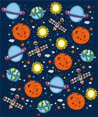 colorful background with a pattern of space planets and satellite on a blue background with stars and clouds