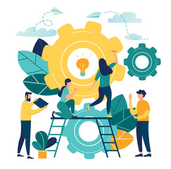 Vector creative illustration of business graphics, the company is engaged in the joint construction of column graphs, the rise of the career to success, flat color icons, business analysis 