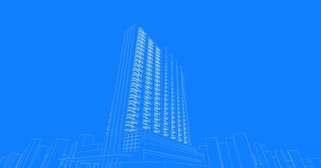 Perspective outline architecture building 3d illustration, modern urban architecture abstract background design